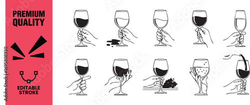 Wine glass collection, showcasing various pours and hand positions, perfect for winerelated designs, culinary projects, or any project needing a touch of sophistication