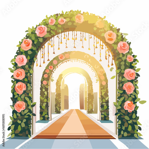 Sunlight filters through tall hedges and hanging garlands, highlighting an intricately decor wedding arch