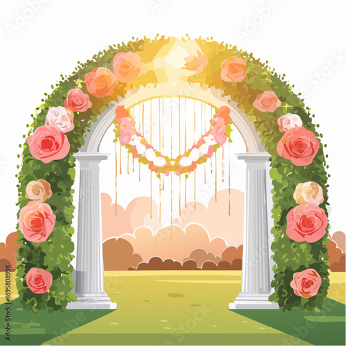 Sunlight filters through tall hedges and hanging garlands, highlighting an intricately decor wedding arch