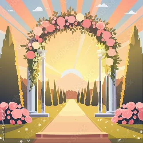 Sunlight filters through tall hedges and hanging garlands, highlighting an intricately decor wedding arch