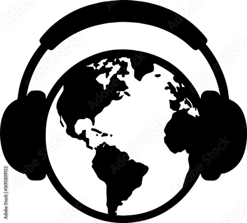 Silhouette of Headphones Wrapped Around a Globe - Global Music Concept With White Background 