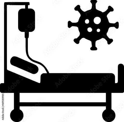 Silhouette of Hospital Bed with IV Drip and Virus - Medical Scene Vector With White Background 