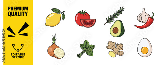 A vibrant collection of vegetable icons, , featuring lemon, tomato, rosemary, avocado, garlic, onion, spinach, ginger, and egg, all rendered in a delightful handdrawn style