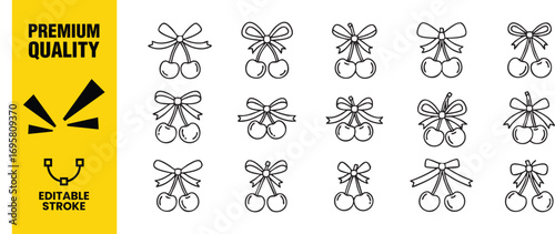 A charming assortment of cherry icons, , each adorned with a bow, showcases a delightful collection of sweet treats in a whimsical handdrawn style