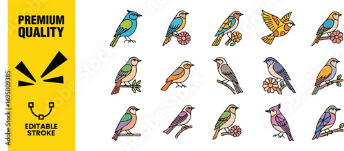 A charming collection of bird icons, each meticulously crafted with a keen eye for detail, showcasing a diverse array of avian species