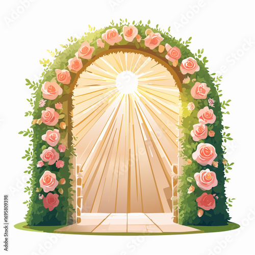 Sunlight filters through tall hedges and hanging garlands, highlighting an intricately decor wedding arch