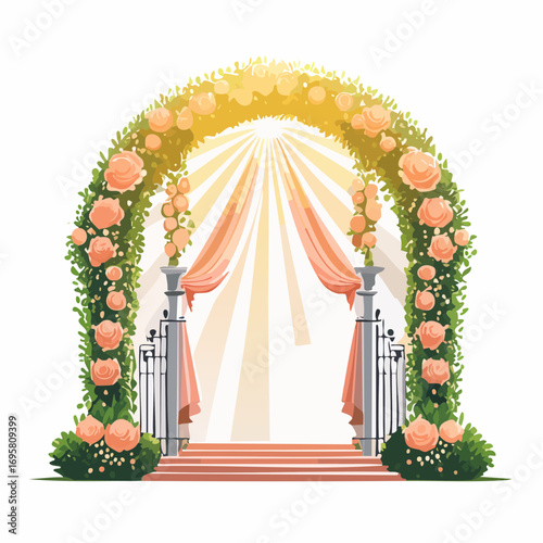 Sunlight filters through tall hedges and hanging garlands, highlighting an intricately decor wedding arch
