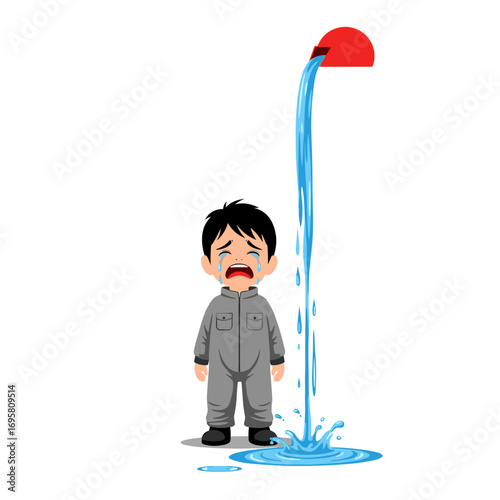 Little boy crying as water pours down from above and splashes around him