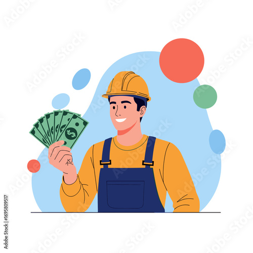 Skilled construction worker happy holding a fan of money showing his earned income after a job well done