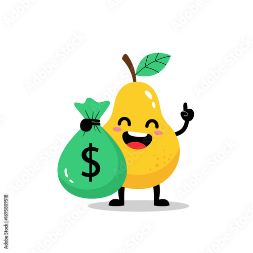 Happy pear character holding a money bag symbolizing financial wealth and prosperity growth
