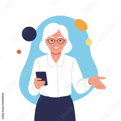 Elderly woman gracefully holding a smartphone and gesturing with her hand surrounded by colorful abstract shapes suggesting communication and technology in her golden years
