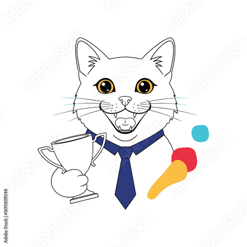 Clever cat businessman holding trophy juggling fun objects celebrating success with joyful expression
