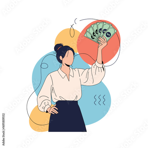 Successful businesswoman holding a fan of cash in an abstract colorful background illustration