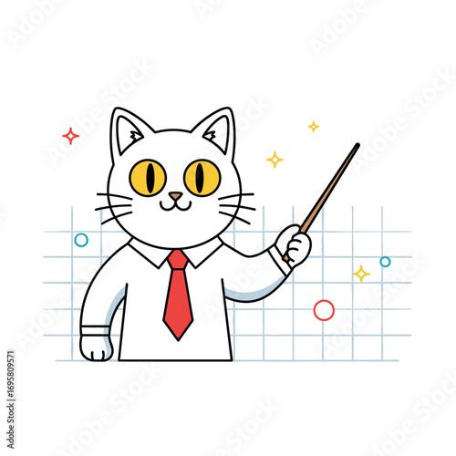 Charming white cat wearing red tie and white shirt holding pointer stick