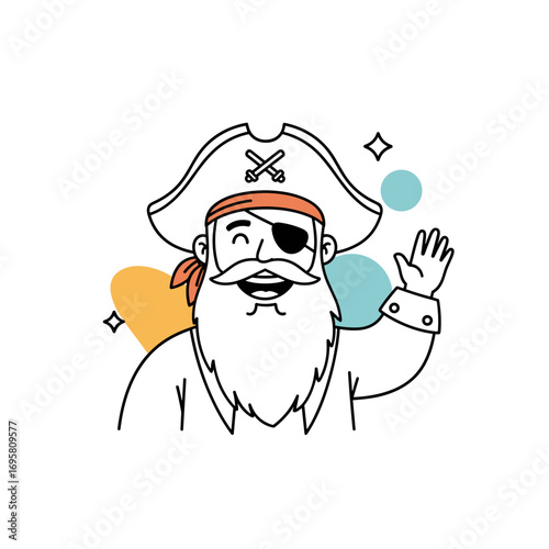 Friendly cartoon pirate waving hello with a big smile and a patch over his eye