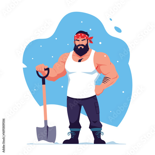 Muscular man with beard and bandana holding a shovel in winter snow clearing work