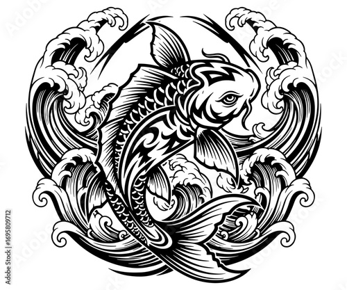 Tribal Koi Fish with Japanese Wave Design