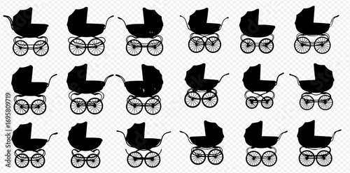 A repeating seamless pattern of black baby carriages with gray wheels on a light, textured background.