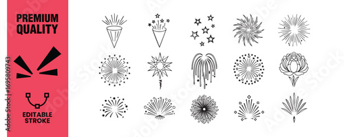 Collection of fireworks icons, perfect for adding a festive touch to your designs, celebrations, and holidaythemed projects with a burst of excitement