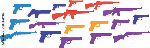 colorful toy guns arranged neatly in rows