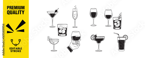 Illustration of a variety of cocktail glasses this vector graphic showcases an assortment of elegant and stylish cocktail glasses, perfect for bar and restaurant menus