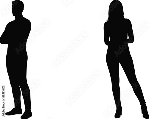a man and woman standing side by side in silhouette