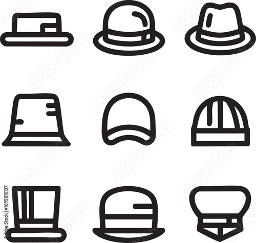Vector hat icons set: fedora, top hat, baseball cap, and more eps silhouette