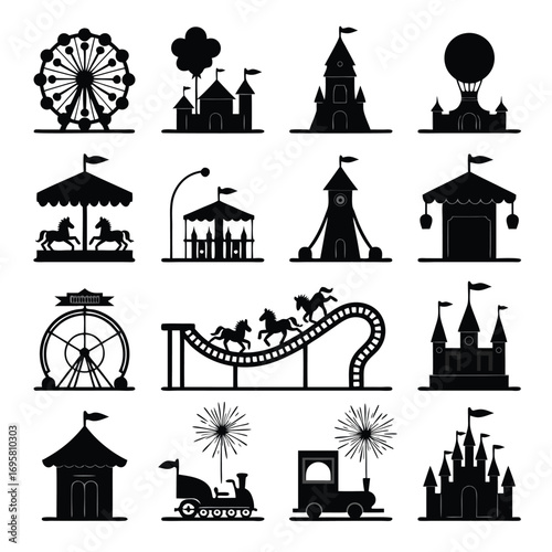 Amusement park attractions silhouettes with clouds and firework