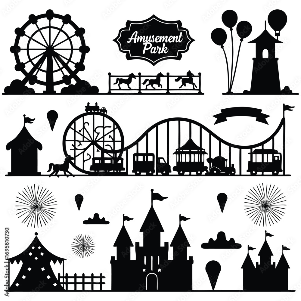 Naklejka premium Amusement park attractions silhouettes with clouds and firework