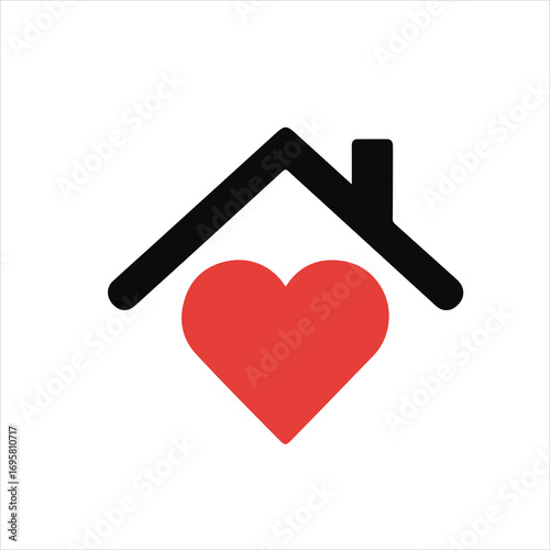Red Heart Symbol Inside a House Silhouette on White Background home love