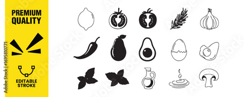 Handdrawn food icons lemon, tomato, rosemary, garlic, chili, avocado, egg, basil, olive oil, mushroom editable stroke vector illustration for menu, recipe, or culinary design
