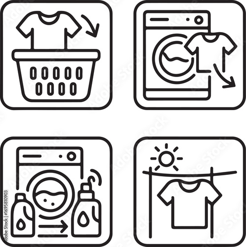 Effortlessly clean clothes with modern laundry icons detailing wash dry and fabric care steps