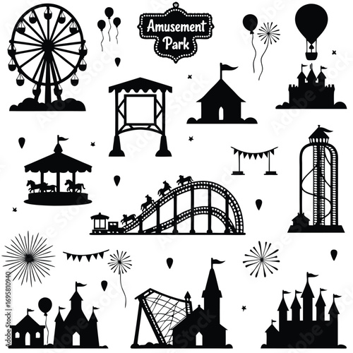 Amusement park attractions silhouettes with clouds and firework
