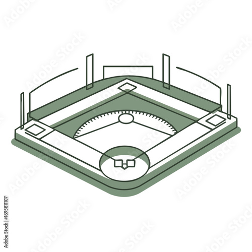 Isometric line art illustration of a baseball field stadium with green accents.