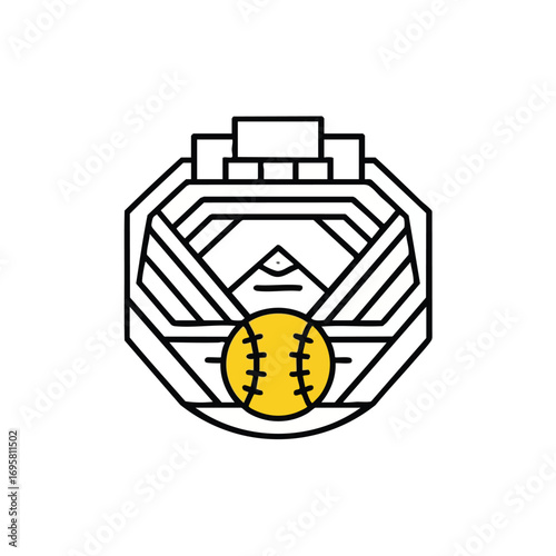 Stylized line art icon of a baseball or softball stadium with a yellow ball in the foreground.