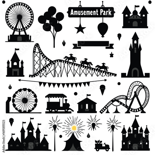 Amusement park attractions silhouettes with clouds and firework