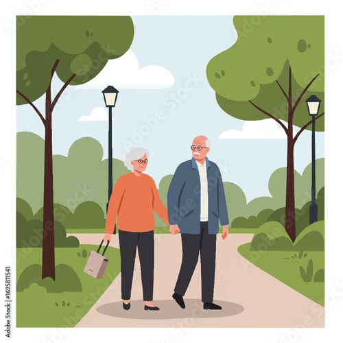 An older couple walks hand-in-hand in a park, enjoying a leisurely stroll along a path with trees in the background, depicted as a vibrant 2D flat vector illustration.
