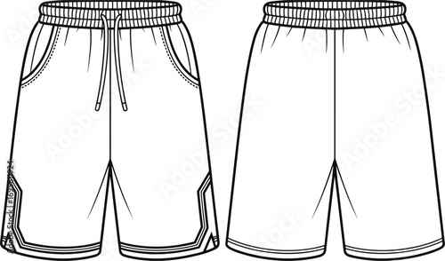 Front and back view illustration of white athletic shorts with drawstring and side detail sportswear