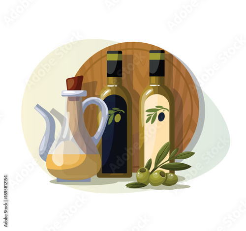 Oil bottles and jug with Olive Oil with Olives and cutting board in on white background.