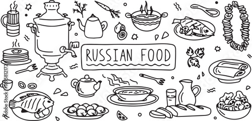 Russian Food Outline Vector – Hand Drawn Traditional Cuisine, Meal, Dish, Cooking Doodles, Minimal Black and White Clipart Illustration