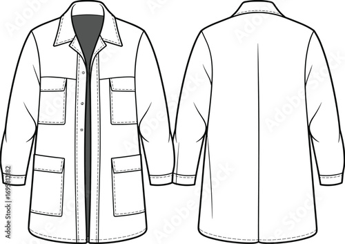 Front and back view of a white outline drawing of a jacket with pockets coat outerwear