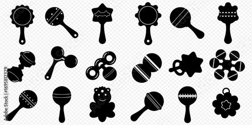 A diverse collection of black silhouette baby rattles and shakers in various playful designs, perfect for infants.