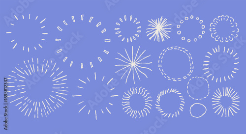 Crayon style, drawn white radial burst shapes, round sketchy icons, chalk sunburst. Chalk doodle kid circular decorative elements, minimalist comic effects.