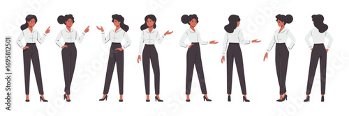 Businesswoman Character Vector Set,  Flat Cartoon Illustration of Attractive Female Manager, Professional Office Attire, Pointing and Presenting Poses for Corporate and Work Design Projects
