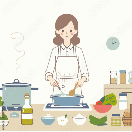 illustration of a woman cooking in the kitchen 