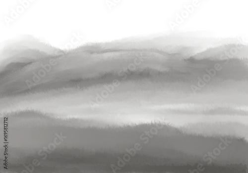Fog in the mountains, black and white painting