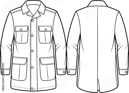 Front and back view of a white safari jacket with four front pockets and long sleeves Keywords: safari jacket, utility jacket