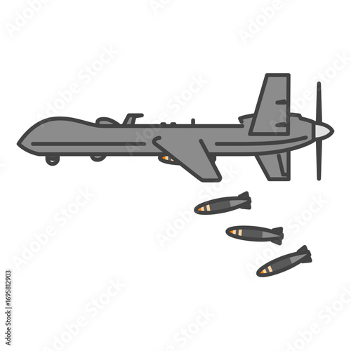 爆弾を投下する軍用のプロペラ無人偵察機・無人航空機（UAV・無人機）