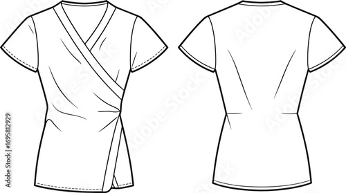Front and back view of a white wrap scrub top with short sleeves and v-neck Keywords: scrub top, medical uniform, healthcare