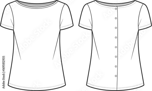 Front and back view of a white short-sleeved t-shirt with a round neckline and button detail on back Keywords: t-shirt, short